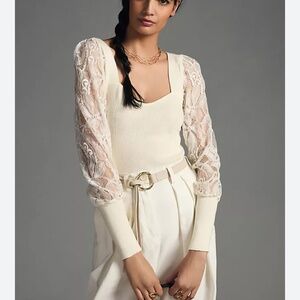 NWT Anthropologie Lace Sleeve Sweater Ivory Size XL